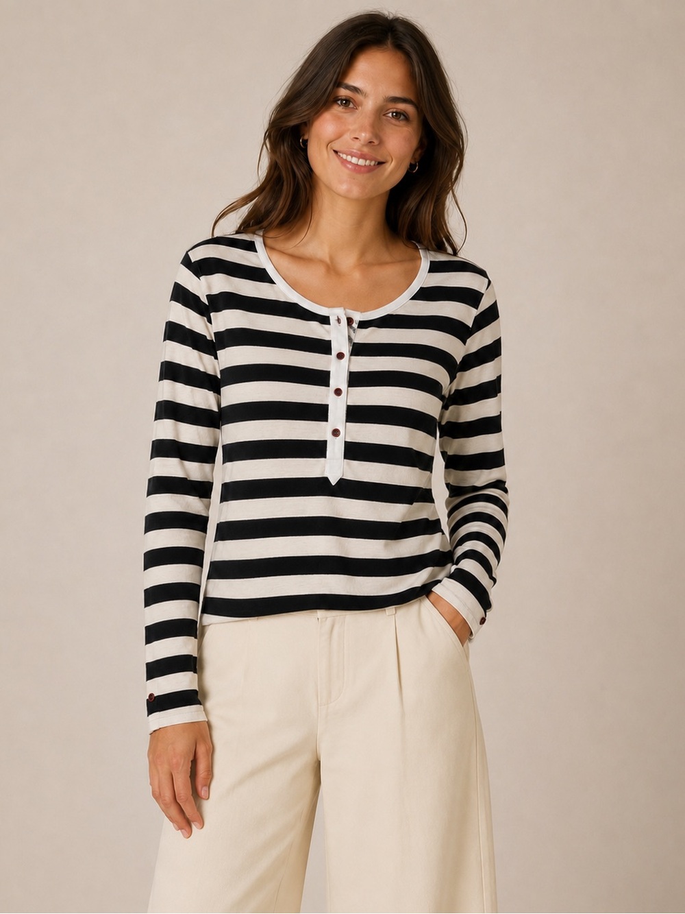 Trovata Striped Top Navy Blue White Cream Cotton Linen Size L Original Label